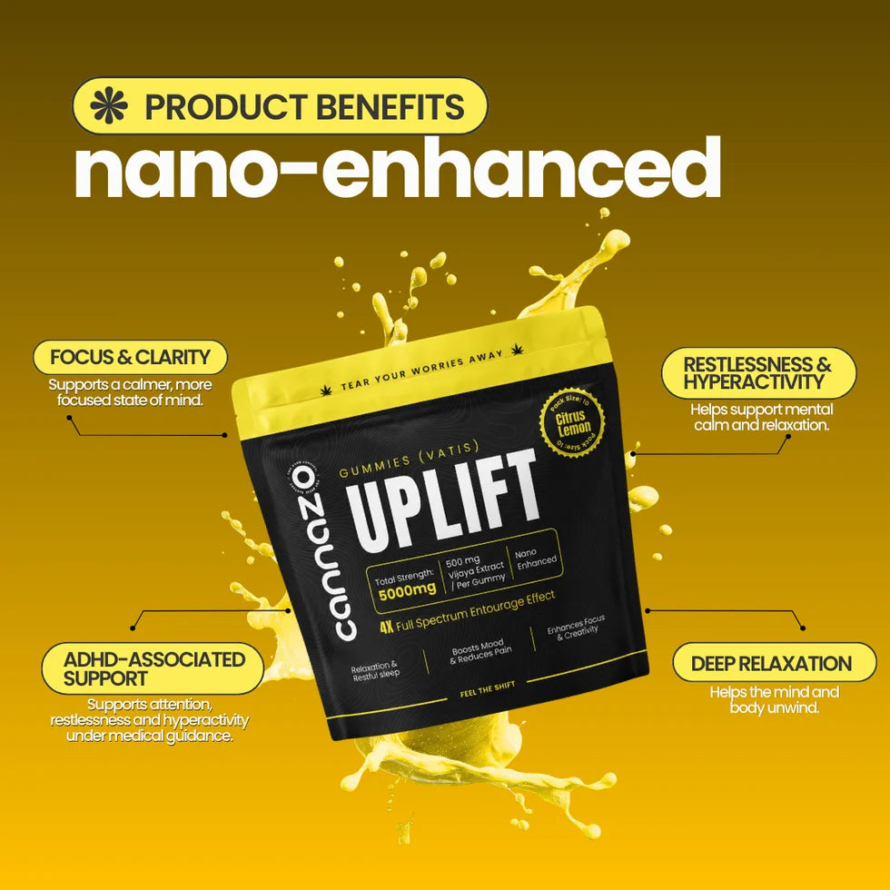 Cannazo India Uplift Gummies -CBD DOMINANT | 500mg Citrus/Sour Lemon Vatis | 200mg Active Cannabinoids | Strong Support for Focus, Relaxation & Better Mood