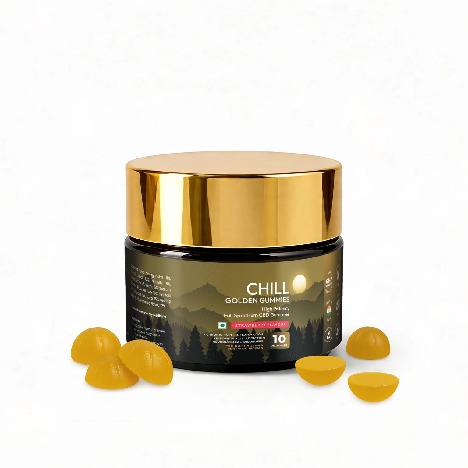 Polyherbs CHILL Golden Super Strong CBD Gummies 250mg Per Gummy, (1:5)